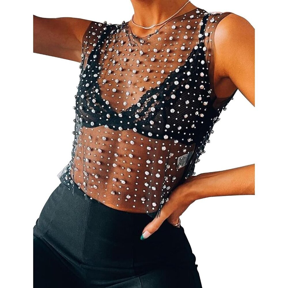 Women Mesh Crop Top Rhinestones See Through Sleeveless Festival Night Out